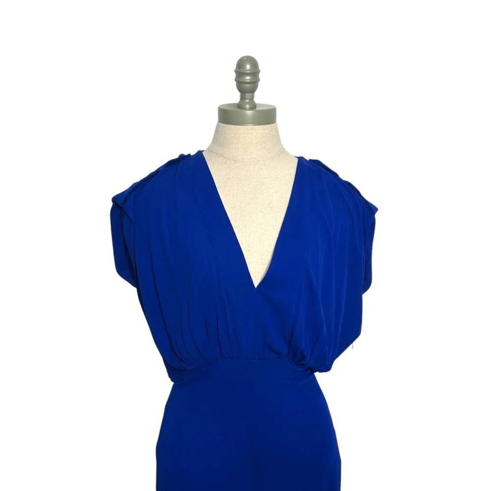 Alexander McQueen Royal Blue Plunge V-Neck Midi Shirred Cocktail Dress Medium